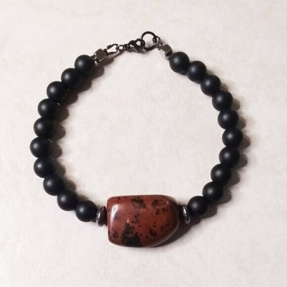 Mahagony Obsidian - Beaded Stone Bracelet - Unisex 8" Energy Blockages Strength - Picture 1 of 10